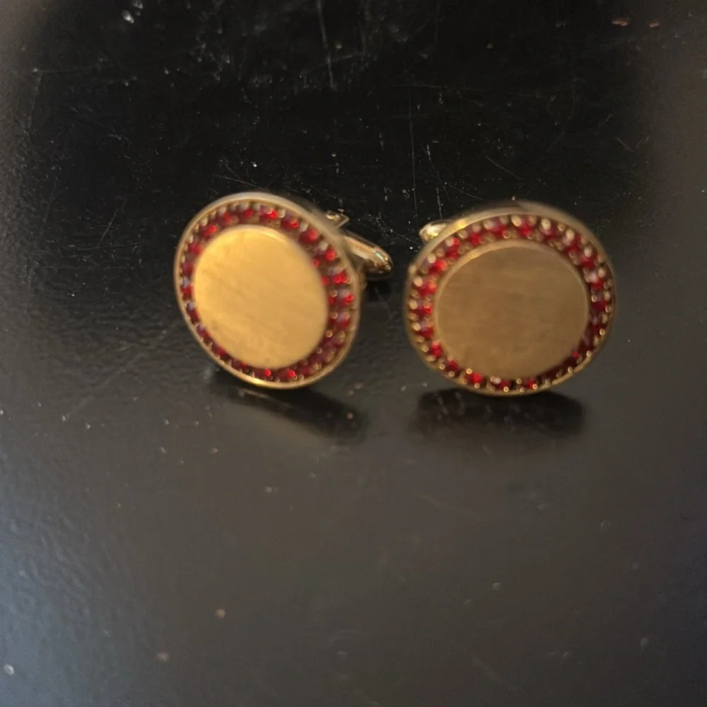 Vintage red Rhinestone circle design Engravable gold tone cufflinks
